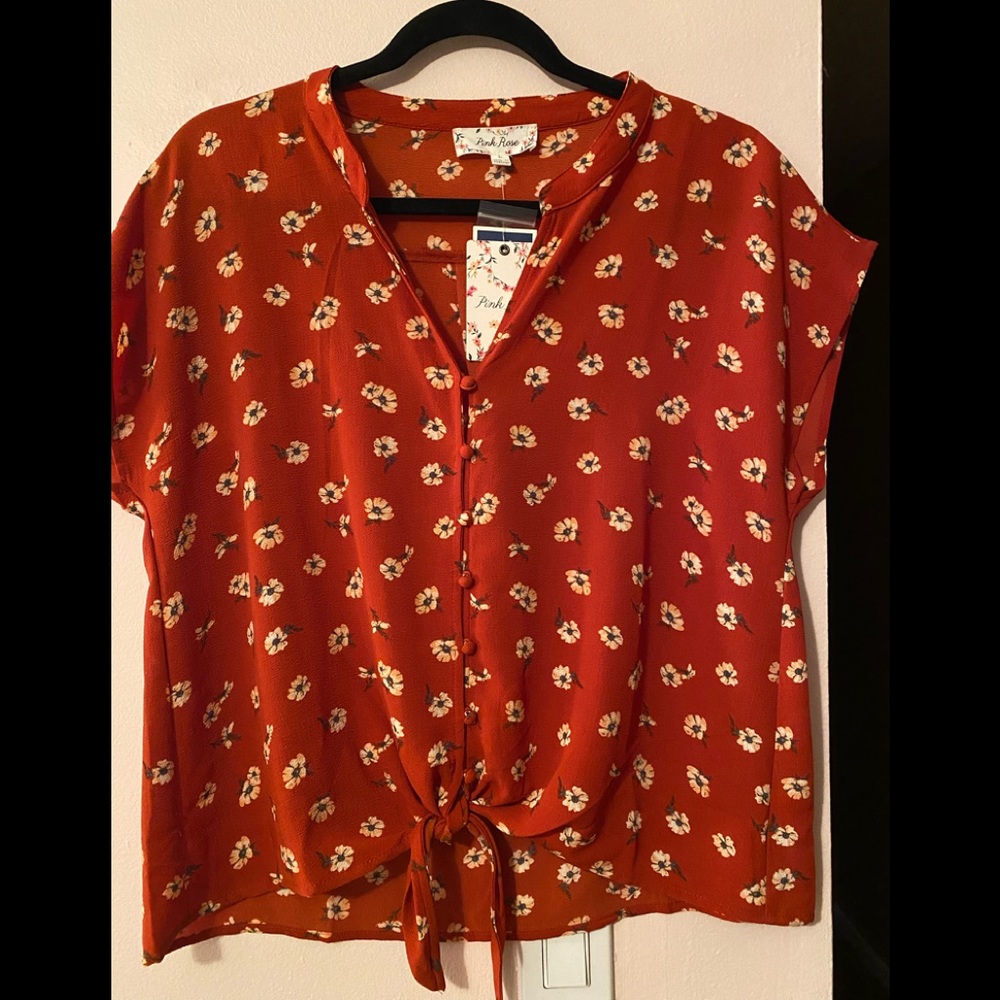 Pink Rose vneck button town tie up blouse.